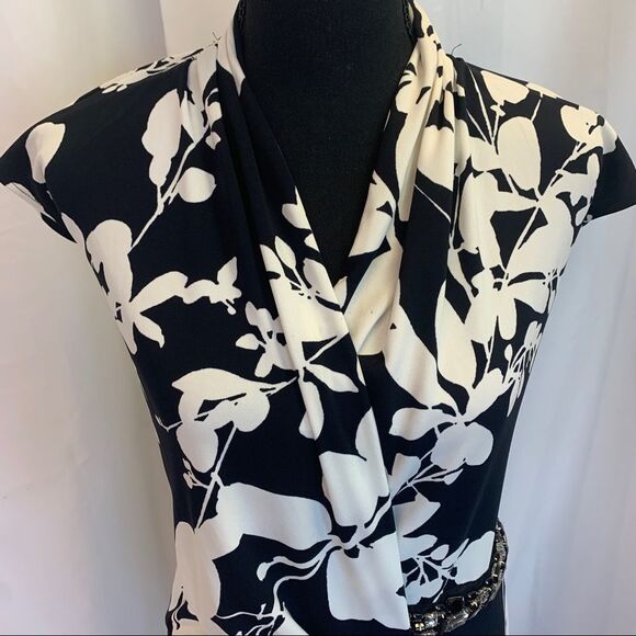 JONES New York collection black white floral sleeveless wrap embellished dress L - Picture 5 of 11